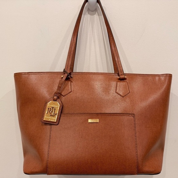 Ralph Lauren Handbags - Lauren Ralph Lauren Whitney Pocket‎ Leather Tote Brown Gold Charm